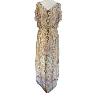 Chico’s Paisley Maxi Dress Size M Cold Shoulder Blouson Multicolor Lined Slit